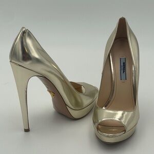 EUC Prada Gold Metallic Leather Peep Toe Pumps